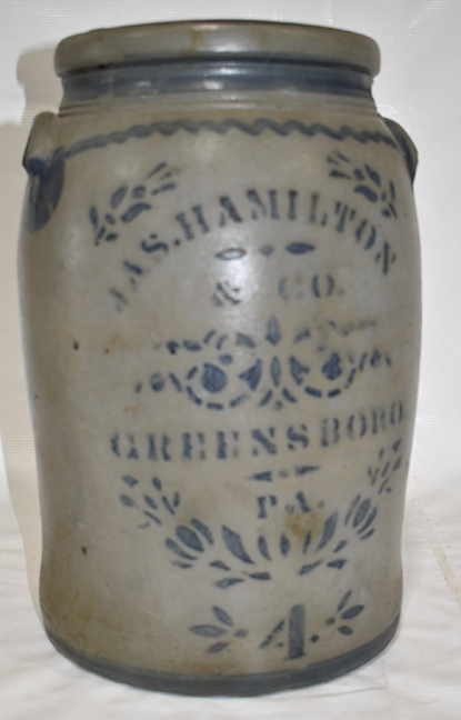 4 Gal. Salt Glazed Stoneware Crock Jas Hamilton Greensboro, PA, 19th C.