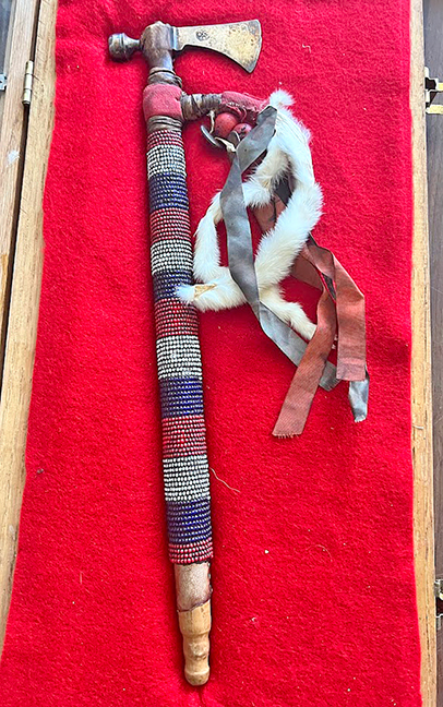 Native American coin silver pipe axe with beaded handle, 14