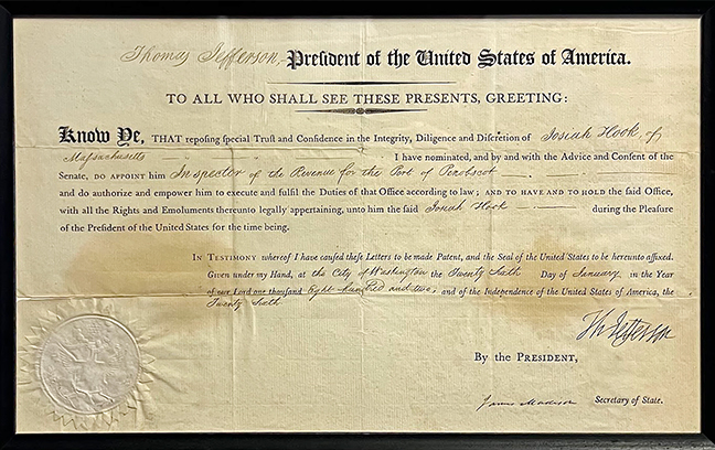 Original appointment to Hook signed by President Thomas Jefferson, 1802.