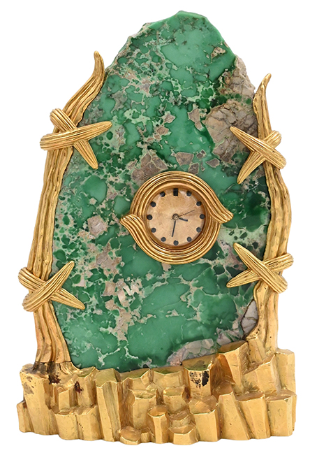 18K David Webb Malachite & Gold Clock, H: 7¼