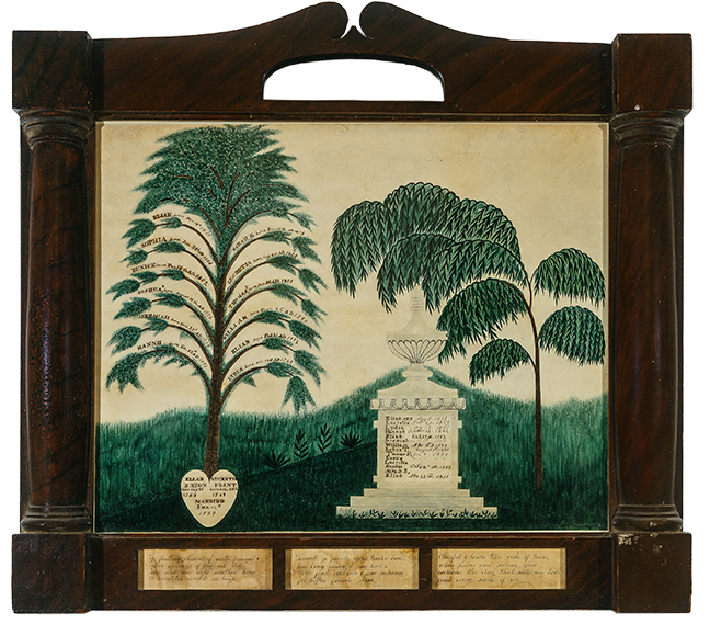 The “Eliab Eaton and Lucretia Flint” Family Birth Record and Memorial  Nobleboro, Lincoln County, Maine, circa 1835. Watercolor and ink on paper in the original grain-painted architectural frame. This exceptional watercolor includes a combination of both a family tree noting the births of Eaton’s  twelve children and a memorial noting the death of some family members. The dynamic grain-painted  architectural frame with three inset poems along the bottom section and a beautifully scrolled pediment  with an inset oval mirror along the top makes this a unique piece of art. 23¼