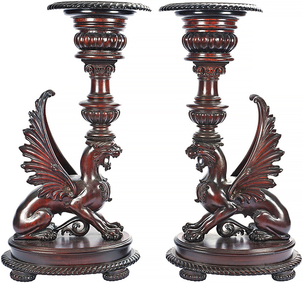 Pair of mahogany carved griffin fern stands, 30&frac12;