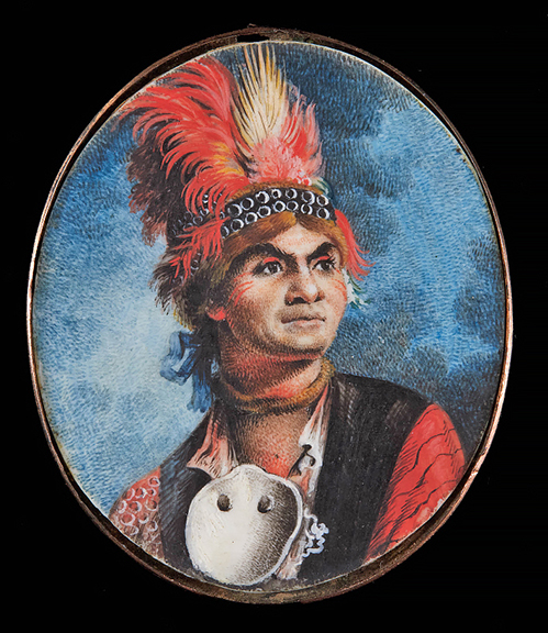 Watercolor on ivory portrait of Kanien&rsquo;keh&aacute;:ka (Mohawk) leader Joseph Brant (Thayendanegea), housed in a gold-plated locket, 1786, by an unidentified artist but cataloged as possibly by British artist James Peachey (d. 1779). The 2
