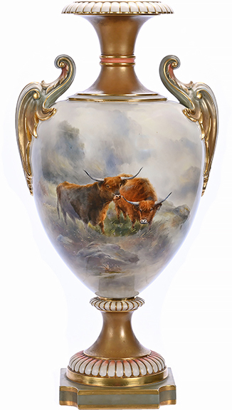 Two-handled pedestal urn, marked &ldquo;Royal Worcester,&rdquo; 21