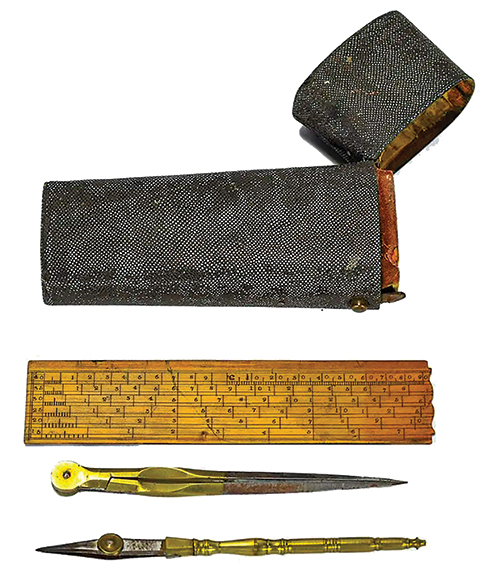 Here is a partial traveling set of draftsman’s or cartographer’s tools. The shagreen case contains a fine-point brass-nib ruling pen, a combination scale/rule, and a set of brass dividers. The set is not marked but was likely manufactured in France in the late 18th or early 19th century. The partial set sold for $76.80 (est. $200/300).