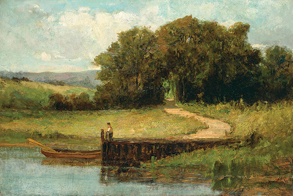 Figure on a Pier at Edge of Lake by Edward Bannister (1828-1901)sold for $48,255 to a phone bidder. The signed and indistinctly dated oil on canvas, 20¼