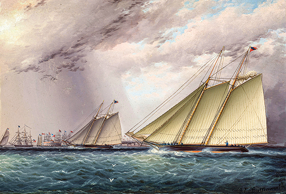 West of New York Harbor by James Edward Buttersworth (1817-1894) sold to an online bidder for $60,855 (est. $40,000/60,000). The signed oil on panel, 9 5/8
