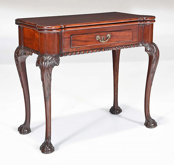 Presale bidding brought the opening bid for this refinished circa 1760 Philadelphia Chippendale mahogany turret corner card table to $32,000. The 25&frac14;