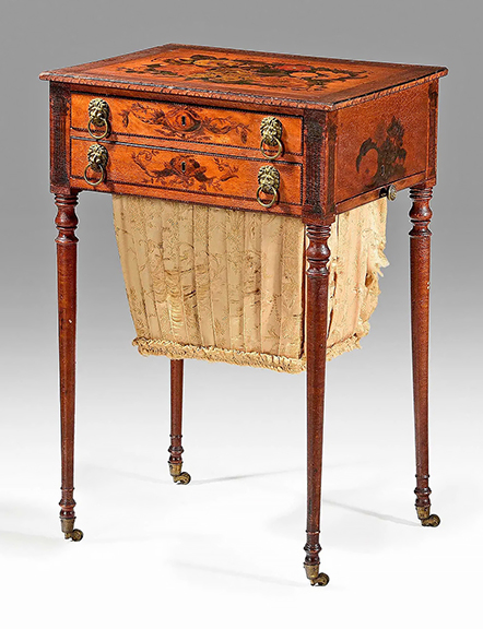 The lot bringing top dollar in the Manger sale was this Federal painted mahogany and maple worktable attributed to the shop of John and Thomas Seymour with extensive paint decoration attributed to John Ritto Penniman (1782-1841) of Boston, Massachusetts. The 29&frac34;
