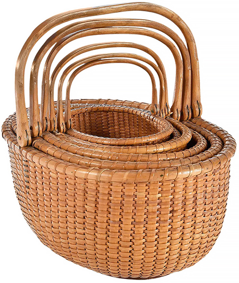 Mariner, fisherman, seaman, lightship crewman, and basket maker Davis Hall (1828-1906) made this nested group of six ovoid Nantucket baskets circa 1900. Similar examples are found in the American Folk Art Museum and the Nantucket Historical Association. Alan Granby purchased the set for $40,000 (est. $7000/10,000). The largest Hall basket measures 6&frac14;