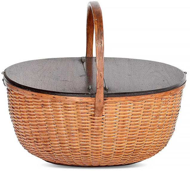 In Katherine and Edgar Seeler&rsquo;s 1972 book, Nantucket Lightship Baskets, the caption for this double-lidded Nantucket lightship basket states that there is a note on the bottom that says it was made by &ldquo;William Hadwen Hosier.&rdquo; In the catalog, the partial label on the bottom reads &ldquo;Ma--/Willia----dwin Hosier / Nantucket / Sold me by Mrs. Brown of / the Quaker Antique Shop.&rdquo; The 15&frac12;