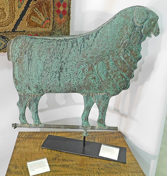 Here&rsquo;s a full-bodied copper merino sheep weathervane with well-textured fleece and an untouched variegated verdigris, all for $7900 from American Spirit Antiques, Shawnee Mission, Kansas.