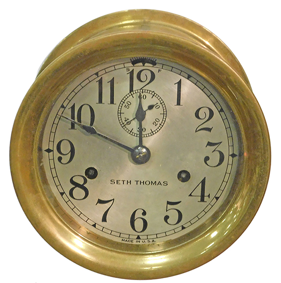 Harry Hepburn of Harrison, Maine, offered a brass Seth Thomas eight-day ship&rsquo;s bell clock for $595. 