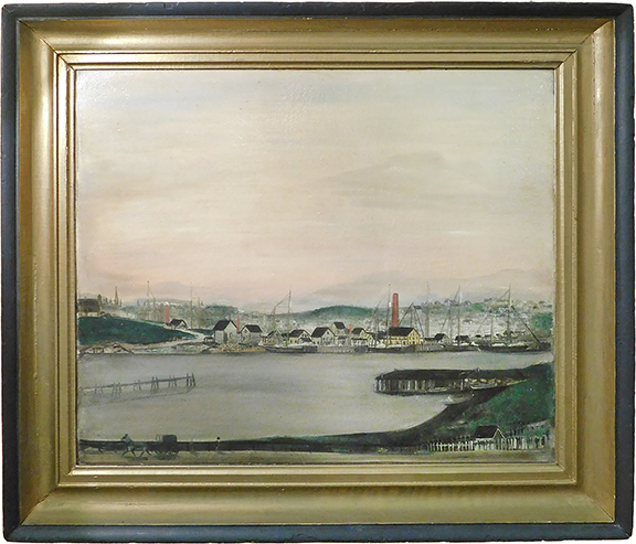 In the booth of show owners and managers John and Elizabeth DeSimone of Goosefare Antiques and Promotions, Saco, Maine, was an unsigned late 19th-century oil on canvas primitive view of Rocky Neck from across Gloucester Harbor, in Massachusetts, showing Banner Hill on the left, for $1150.