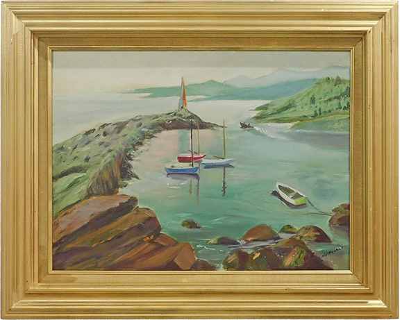 Elizabeth Murphy of Windy Hill Antiques, Topsfield, Massachusetts, offered this framed oil on board shoreline seascape for $355. Neither one of us could find out anything about the artist &ldquo;H. O&rsquo;Rourke,&rdquo; who signed it lower left. Murphy was confident that it represented the Acadia region of Maine.
