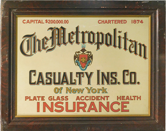 David Thompson Antiques and Art, South Dennis, Massachusetts, brought this all-original Metropolitan Casualty Insurance Company sign, probably dating from the 1920s. Note how the company brags about their $200,000 capitalization. That amount of jack would barely pay for a single claim these days. It was tagged $450.
