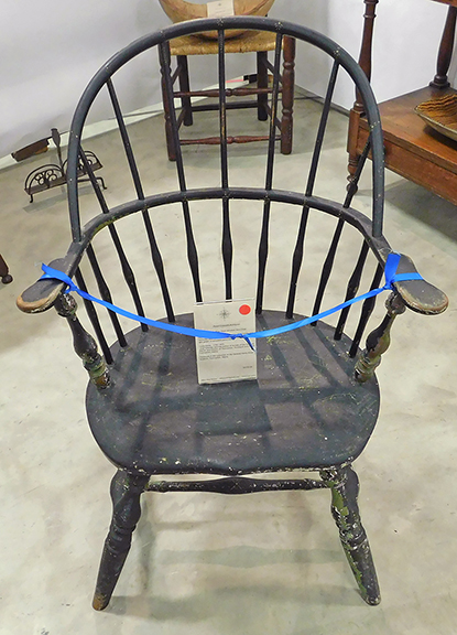 It&rsquo;s too late to buy this continuous-arm Windsor chair from Mary Kay Felton of Pond Crossers Antiques, Camden,Maine. Her asking price was $3750, and it was already sold when I got there. But it&rsquo;s not too late to admire it. On the seat are scratched-in inscriptions around the spindles andarm posts representing the 13 original Colonies, along with a map of Kentucky, a drawing of the USS Constitution, and other images. It had been previously owned by Cyrus Eaton (1784-1875), author of the History of Thomaston, Rockland, and South Thomaston, Maine, From Their First Exploration, A.D. 1605. It had once been in the collection of the General Henry Knox Museum, Thomaston, Maine.