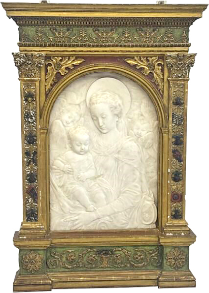 From the studio of Antonio Rossellino (1427-1479), this marble bas-relief of Mary and Child sold for $36,000 (est. $5000/15,000). The marble is 31