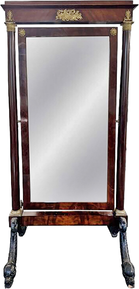 Possibly by Charles-Honor&eacute; Lannuier (1779-1819), this New York Federal period cheval mirror with dolphin feet and ormolu mounts sold for $1920 (est. $1500/2500). It measures 76