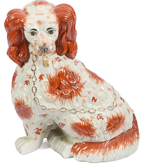 Here&rsquo;s the Great Dane of Staffordshire spaniels. This oversized Staffordshire spaniel was reported to have been used as a Lord & Taylor store display in the 1950s. Standing 23