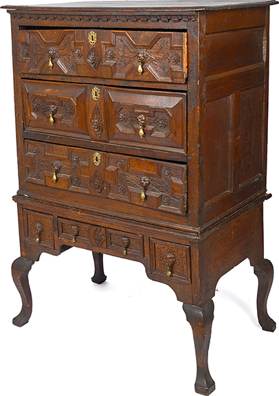 Here&rsquo;s an early 18th-century carved oak chest-on-stand, 57&frac12;