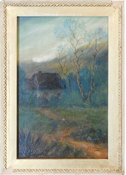 Joseph Clinton De Villis (1878-1912) was a black artist born in Brooklyn, New York. He enlisted in the Navy and used his shore leaves to study at the Louvre, in Luxembourg, and at the galleries of London. He died at the young age of 33, and his works were displayed posthumously at the New York Public Library in 1921. This moody oil on panel of a country landscape measures 9&frac12;