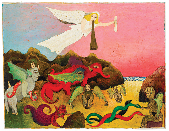 Voice of the Third Angel by Minnie Evans (1892-1987) sold to a phone bidder for $42,840 (est. $7000/10,000) after active bidding. The 14 1/8