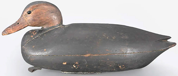 The Purnell-Kirson Cobb black duck made around 1880 by Nathan F. Cobb Jr. (1825-1905) of Cobb Island, Virginia, is one of the best Cobb black duck decoys known. The underside of the 16