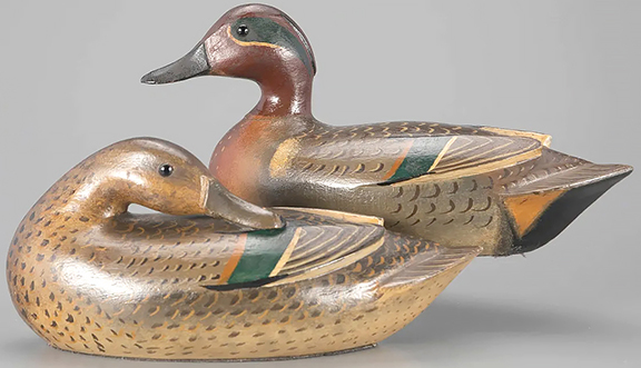 In their 2005 book Masterworks of the Illinois River,Copley Fine Art Auctions’ president Stephen B. O’Brien Jr. and Julie Carlson describe this pair of green-winged teal by Charles H. Perdew (1874-1963) of Henry, Illinois, circa 1945, as among the greatest Illinois River decoys made. The 10½