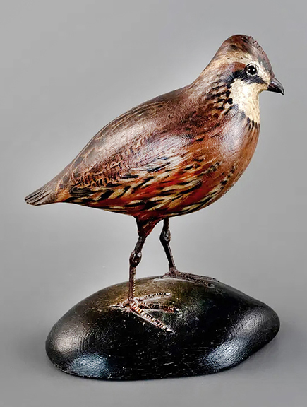 Two bobwhite quail lots by Anthony Elmer Crowell (1862-1952) sold separately and went to the same bidder. Each bird is illustrated in Elmer Crowell: Father of American Bird Carving by Stephen B. O’Brien Jr. and Chelsie W. Olney. Estimated at $20,000/30,000, this carving of a plump upright life-size bobwhite quail, 8¼