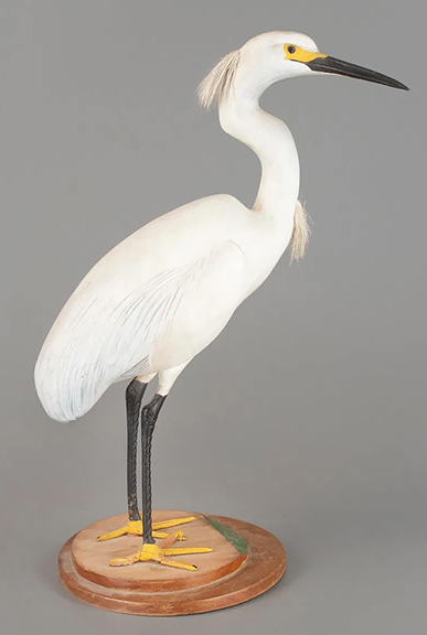 This egret made circa 1945 by the Ward brothers, Lemuel T. (1896-1984) and Stephen (1895-1976), of Crisfield, Maryland, is the only Ward egret known. The 20