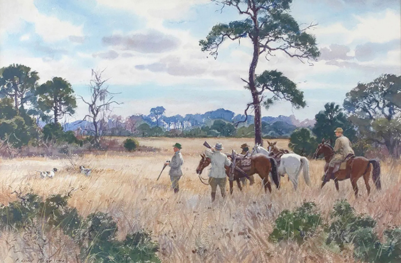 Alex Chester’s collection of 32 works by Aiden Lassell Ripley (1869-1969) opened the sale. The collection was 100% sold and easily beat its high estimates. The high lot was Ripley’s Getting Ready, 1940, watercolor, 19¾