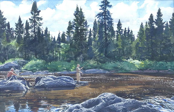 Aiden Lassell Ripley, Fishing a Rocky River, watercolor, 14½