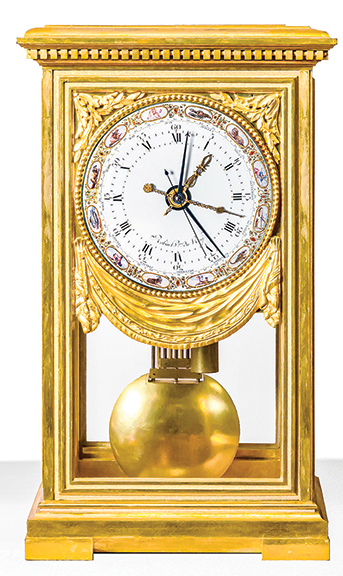 Louis XVI regulator with remontoir d’égalité, “Royal Model,” circa 1785, by clockmaker Robert Robin (1741-1799), the polychrome dial by Joseph Coteau (1740-1812), and the case attributed to Pierre-Philippe Thomire (1757-1843), sold for $246,000 (est. $100,000/150,000) to the trade, buying for a client. Cottone thinks it’s an auction record for this model regulator.