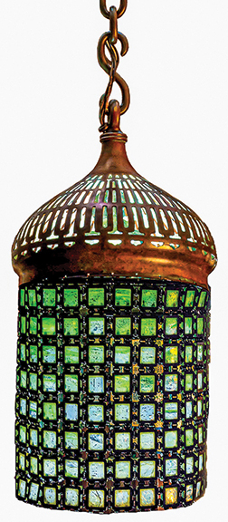 Tiffany Studios chain mail ceiling light, circa 1900, Favrile glass tiles and patinated bronze, fixture 16