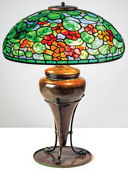 Tiffany Studios Nasturtium lamp, leaded glass and patinated bronze, shade impressed “Tiffany Studios New York,” base impressed “Tiffany Studios New York 459,” 25½