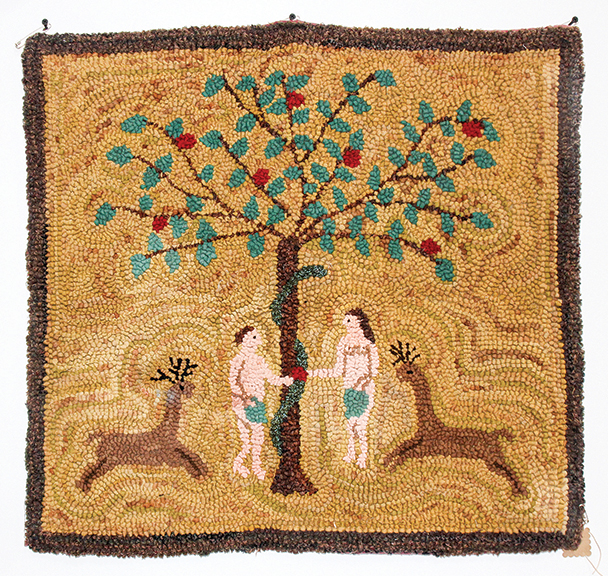 Adam and Eve hooked rug, with the Biblical couple standing near two deer and the serpent encircling the trunk of the tree, 25