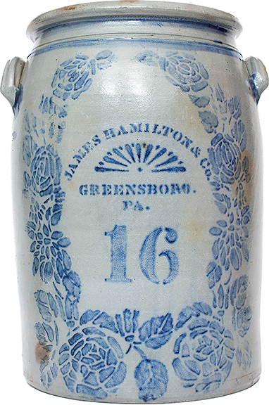 This 16-gallon decorated stoneware jar, 22