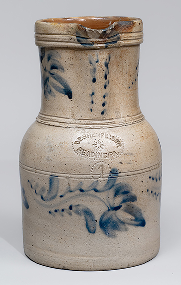 This Reading, Pennsylvania, circa 1875, one-gallon stoneware pitcher, 11