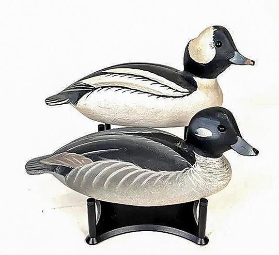The Ward brothers, Steve (1895-1976) and Lem (1896-1984), from Crisfield, Maryland, created this pair of buffleheads from cedar. The hen is 11