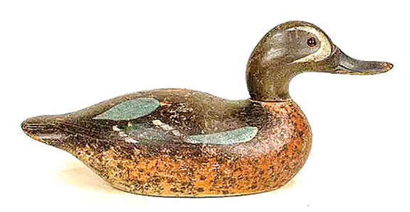 This Mason Decoy Factory decoy, an early and rare hollow-bodied Premier-grade blue-winged teal, is 12