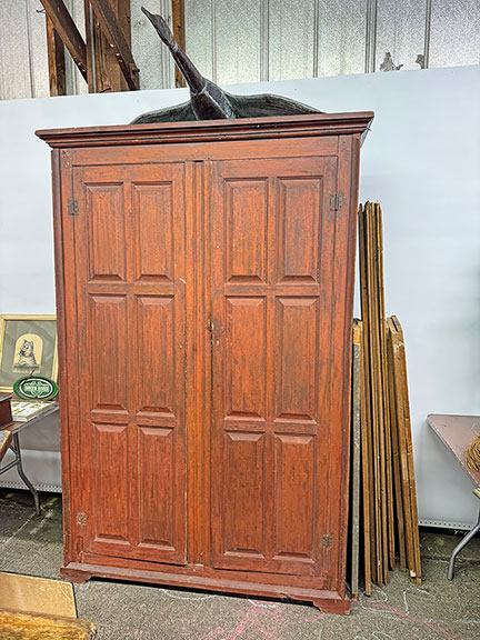 This large Canadian cupboard, dry-scraped down to red, 1780-90, was $2500 from Josh Farrin of Randolph, Maine.