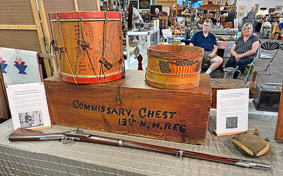 At left, an American militia drum, circa 1840, with an eagle, &ldquo;North America,&rdquo; and &ldquo;Rush,&rdquo; was probably the militia company&rsquo;s town. The omission of an olive branch suggests an early Mexican War date, according to dealers Todd and Richard Dean of Edmond, Oklahoma. It was $1500. The 1842 Springfield musket was $3500. The commissary chest from the 13th New Hampshire Regiment was $300; the smooth-side canteen, captured from the Confederates in the Civil War, and reissued, still with its CSA stencil on the front, was $550. The toy drum was $450.