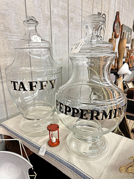 The glass taffy country store jar was $285, as was the peppermint jar, both from Days Gone By Antiques & Interiors of Royalston, Massachusetts.