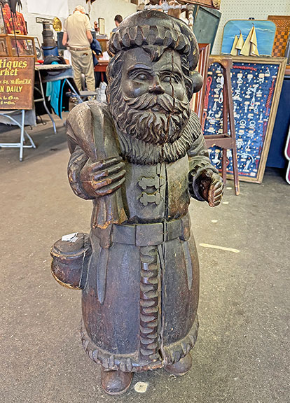 This 1920s Santa Claus papier-m&acirc;ch&eacute; mold from Bittner & Bock, Medford, New Jersey, was $2100, and it sold shortly after we took the photo. &ldquo;Overall, we were pleased with the show. Our first apprehension for a successful show was gas prices. We were concerned that the cost to travel might hold some people back. During this show we normally meet and talk with people from all parts of the country. We noticed this year that it was more Northeastern shoppers. Then the rain&mdash;when the alerts started going off, we felt that it was a bad omen. In spite of the rain, the diehards came, shopped and spent money. I do think the two factors mentioned did make for a lighter crowd but we still did well enough to make the trip from New Jersey worthwhile. We were down about twenty percent from last year but that can happen under any circumstances. We think it&rsquo;s a no frills, well run, fun show to do and wouldn&rsquo;t miss it.&rdquo;