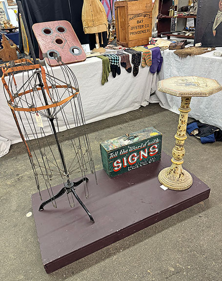 9  The Victorian skirt form was tagged $375; the sign painter&rsquo;s box, &ldquo;Tell the &lsquo;World&rsquo; with Signs,&rdquo; was $425; and the schoolgirl-decorated stand was $1800; all from Cottage+Camp, Millerton, New York.