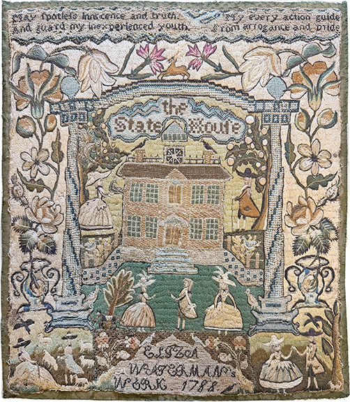 Eliza Waterman (1777-1870) was 11 years old in 1788 when she worked a sampler featuring the Old (Rhode Island) State House amid a columned arch and surrounded by dancing couples, floral vines, sheep, birds, a tiny black horse, and figures, all of whom have real hair. 