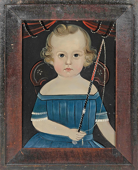Portrait of a young boy in a blue dress attributed to Sturtevant J. Hamblin (1817-1884), 14