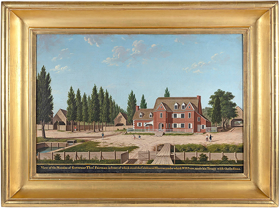 Attributed to Pennsylvania artist John Archibald Woodside, Sr. (1781-1852), View of the Mansion of Governor Thomas Fairman, inscribed &ldquo;View of the Mansion of Governor Thos. Fairman, in front of which stood the Celebrated Elm-tree, under which Wm. Penn made his Treaty with the Indians,&rdquo; 24&frac12;