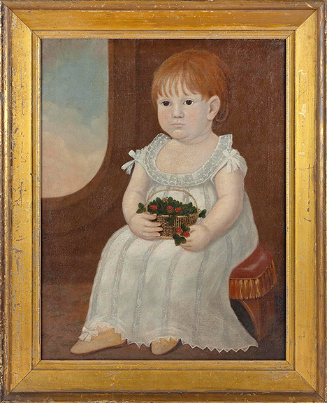 A circa 1800 American school portrait of a young girl wearing a lace-trimmed white dress, seated on an upholstered ottoman and holding a basket with strawberries, 26